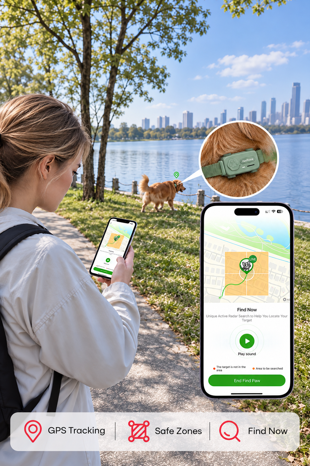 Pet owner searching for a missing dog using a smartphone